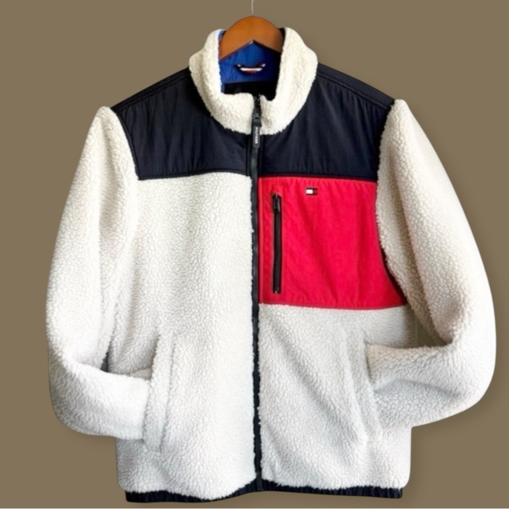 TOMMY HILFIGER Color Blocked Sherpa Coat | Cream • Navy• Red | Size Small